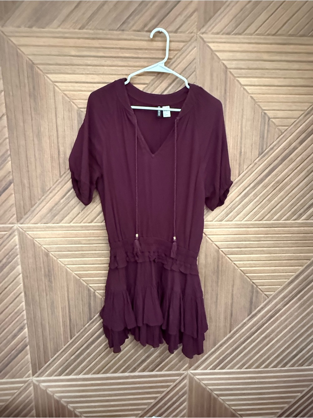 Divided Burgundy V-Neck Ruffle Tiered Tunic
